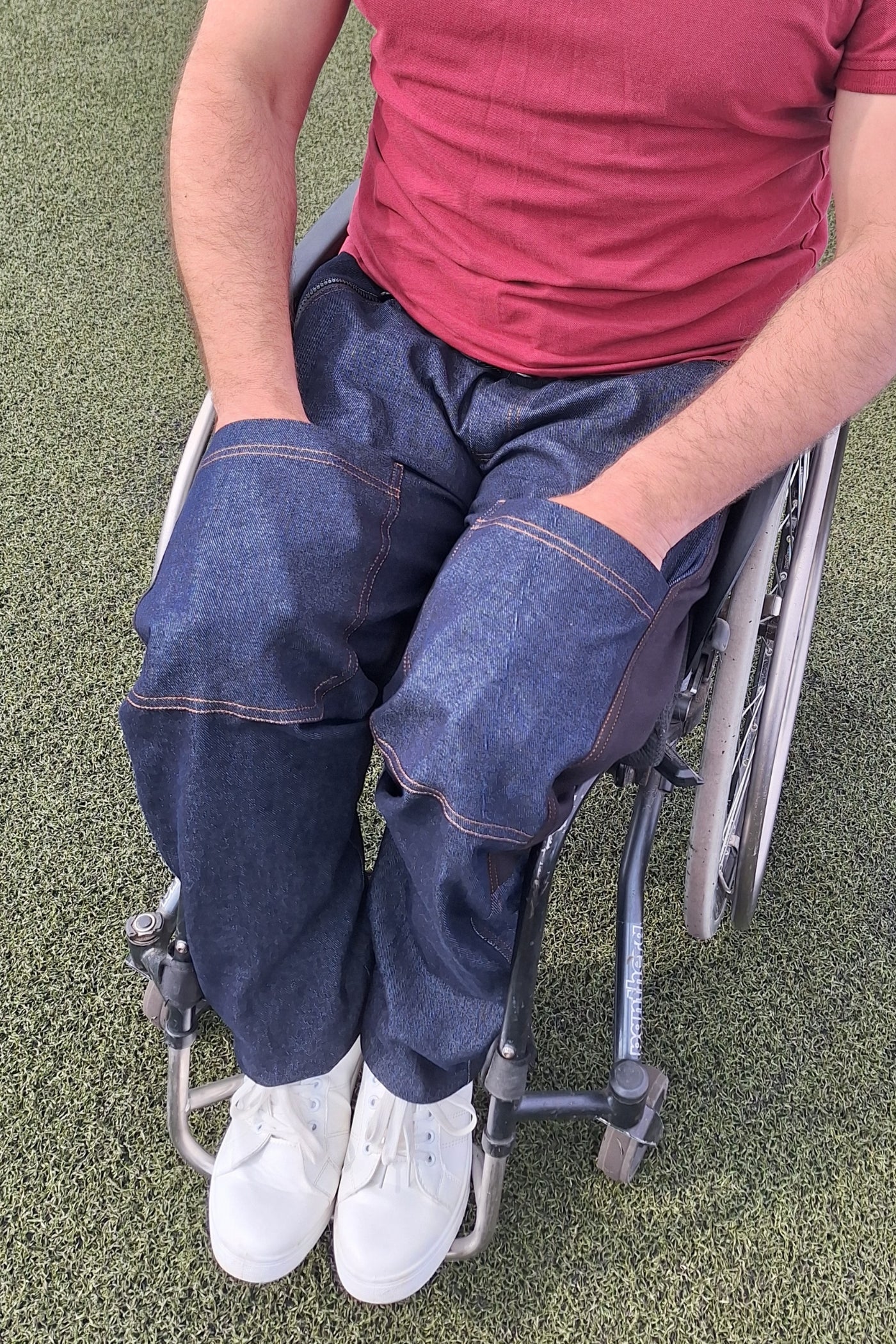 Men's wheelchair adaptive jeans with drop down front 100% cotton