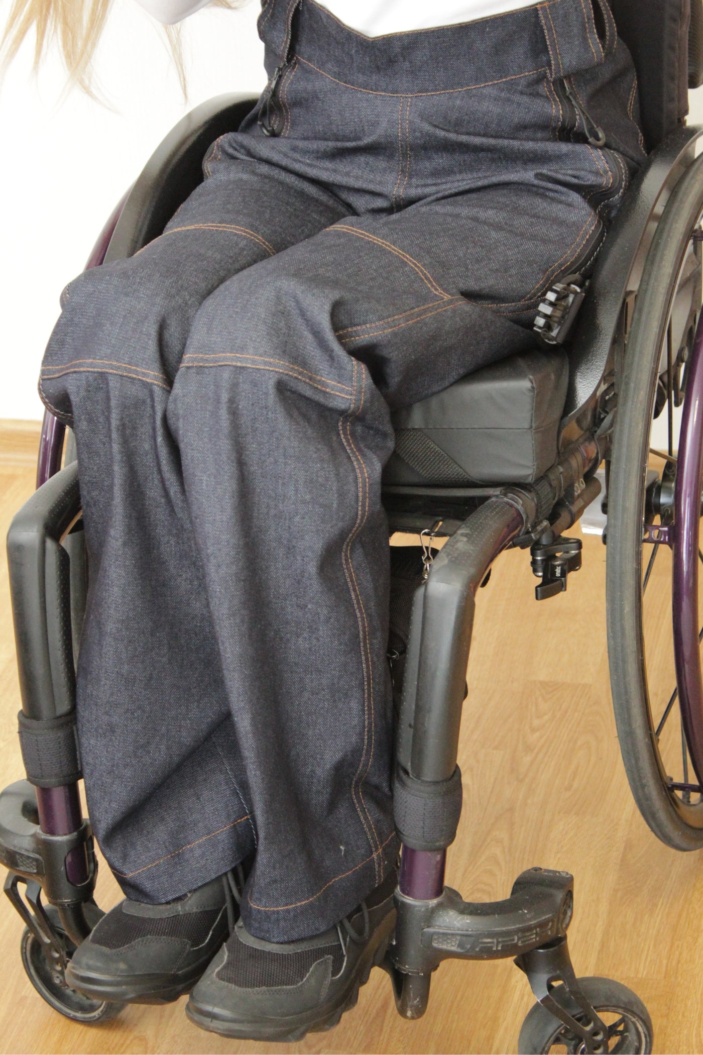 Wheelchair adaptive women’s jeans: Seated-pattern 100% cotton denim