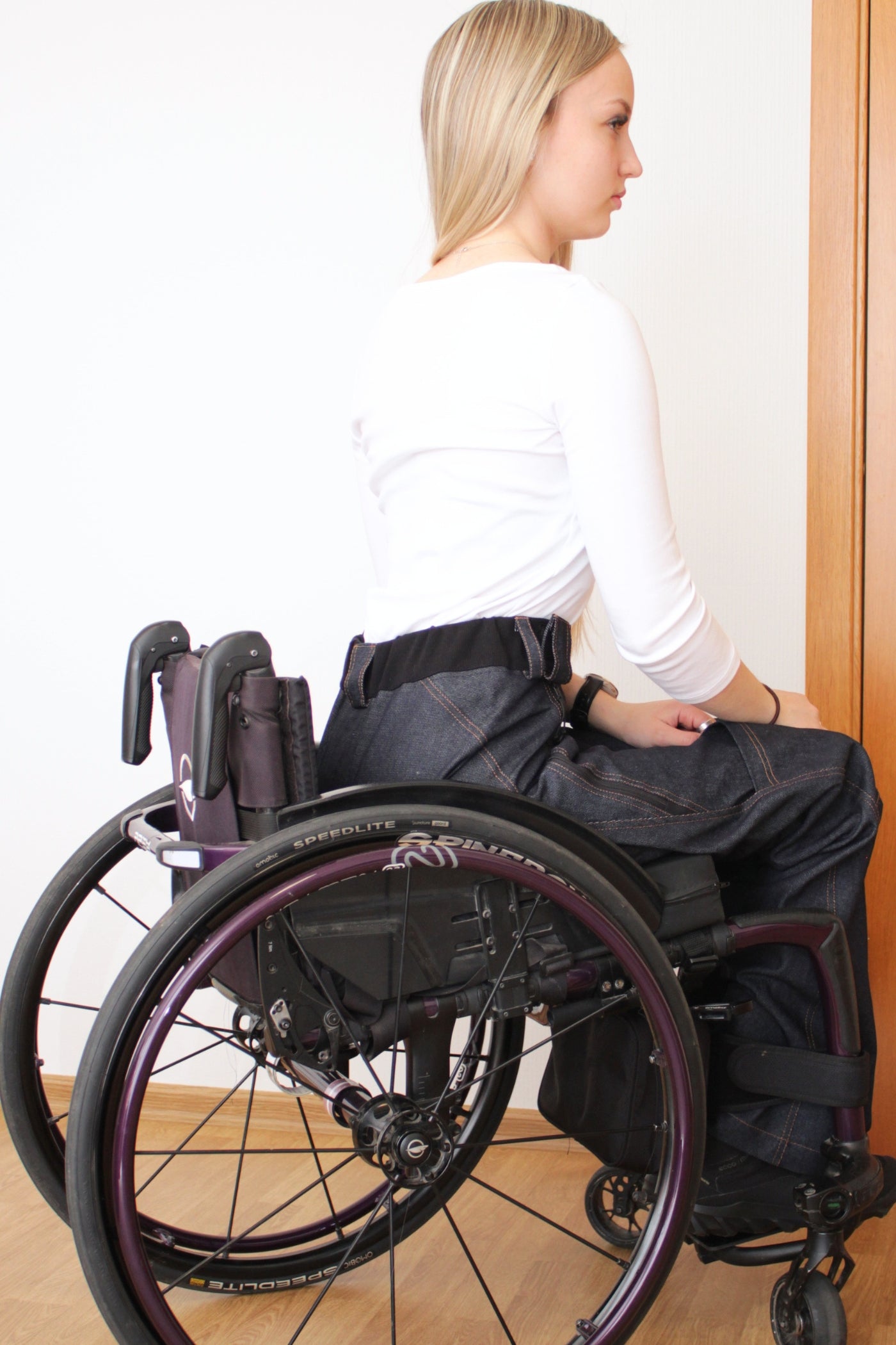 Wheelchair adaptive women’s jeans: Seated-pattern 100% cotton denim