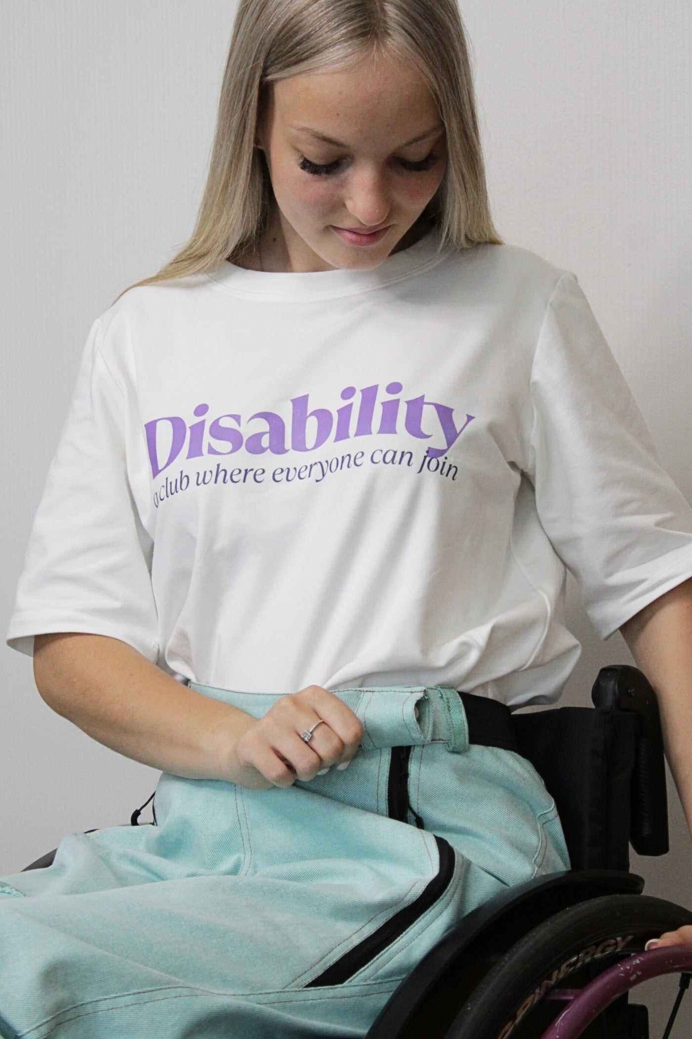 Women's wheelchair adaptive jeans with elastic waist, mint