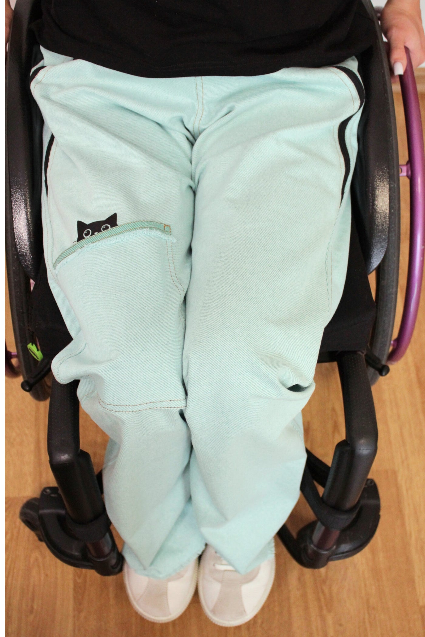 Women's wheelchair adaptive jeans with elastic waist, mint