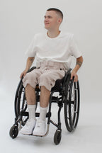 Men's wheelchair adaptive summer shorts with drop down front from skin friendly ramie fabric