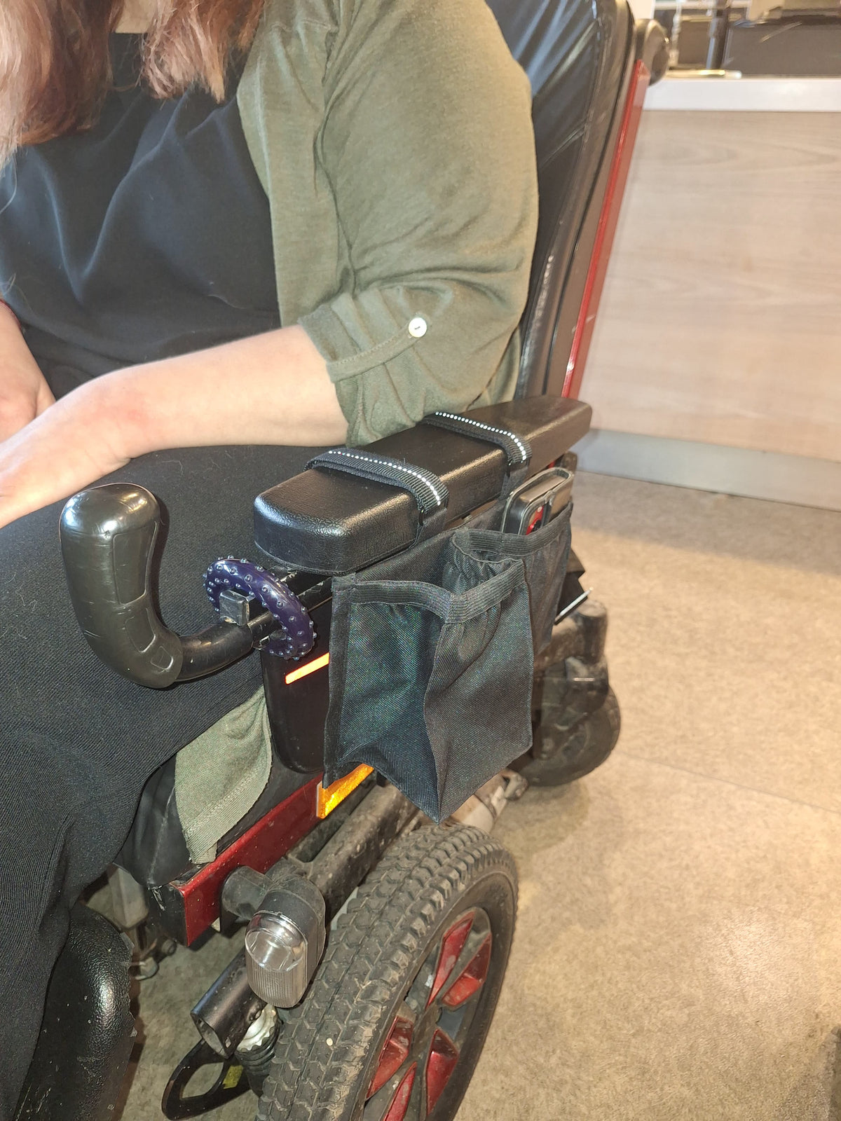 Pink power wheelchair armrest bag - cup holder