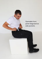 Black pants without pockets, wheelchair adapted