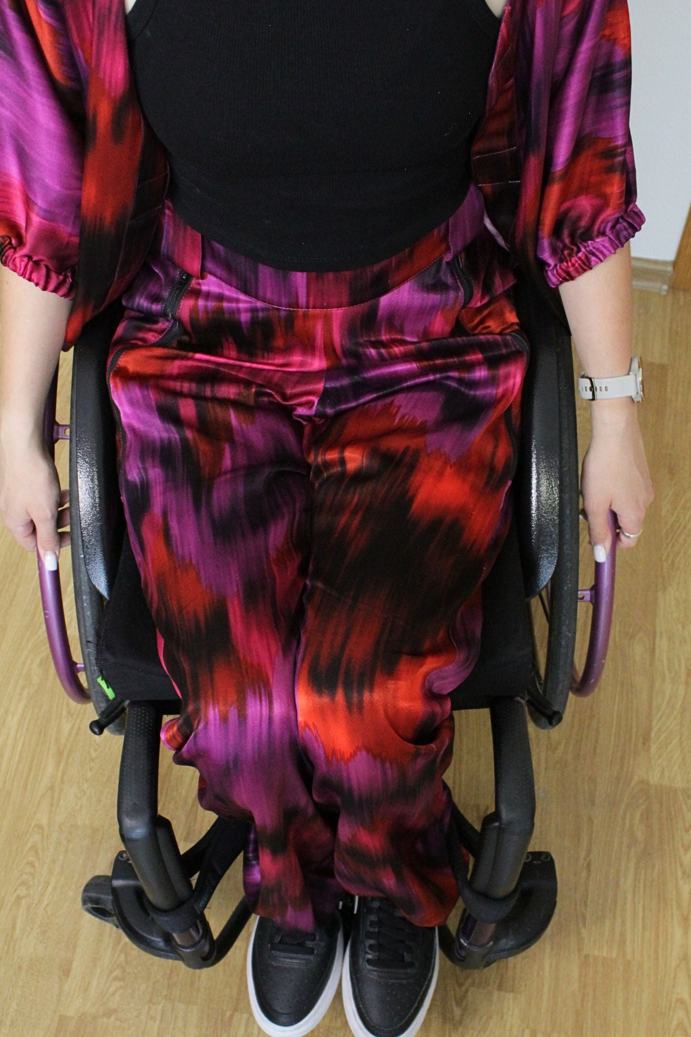 Wheelchair adaptive 100% viscose satin trousers for women