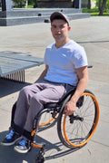 Men's wheelchair adaptive summer pants with drop down front from skin friendly ramie fabric
